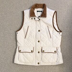 Ralph Lauren Women's White Quilted Vest with Brown Accents